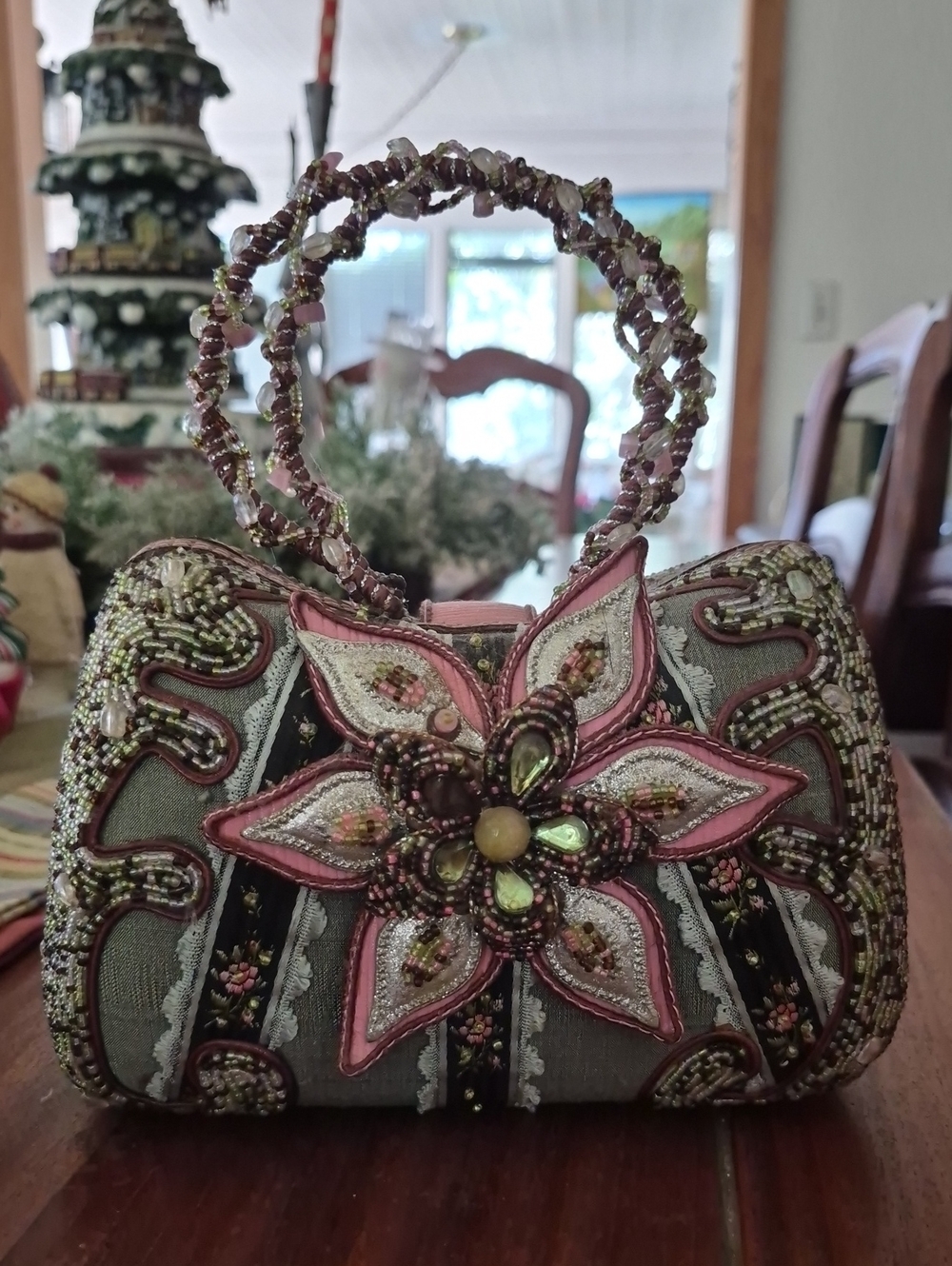 Mary Francwa Embellished Pink Floral Beaded Handbag
